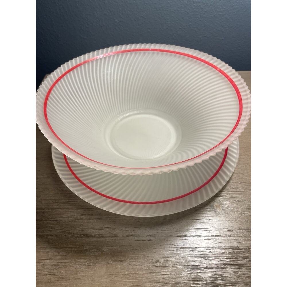 Vintage Federal Glass Diana Swirl Satin White Console Bowl Plate Set Ribbed